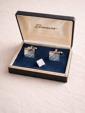 Simmons Vintage Cufflinks & Tie Tack Set Monogram S Etched Silver Tone MCM